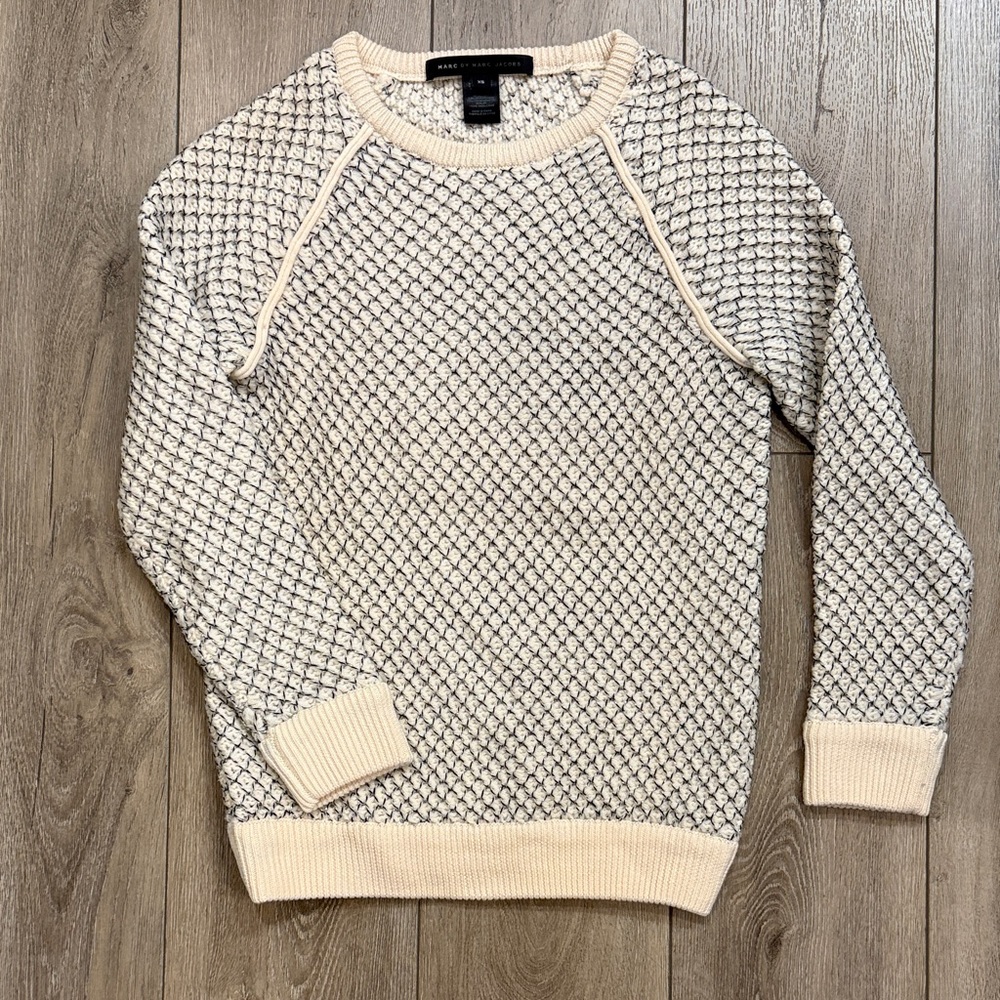 Marc By Marc Jacobs Cream Wool Crewneck Sweater -Black/Silver Metallic Thread XS